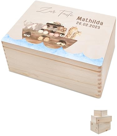 Bärenfreunde - Personalisierte Erinnerungsbox Baby mit Spezial-Druck - Individuelle Baby Erinnerungsbox - Erinnerungskiste Taufe - Geschenk zur Taufe (M | Stülpdeckel,Taufe Tiere Giraffe)