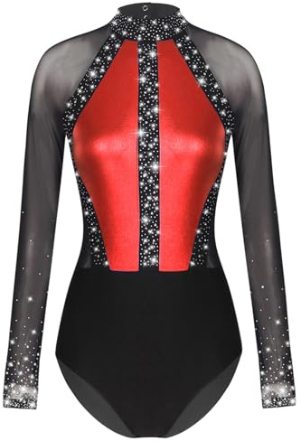 iEFiEL Turnanzug Damen Langarm Gymnastikbody Mit Strass Patchwork Metallic Tanzbody Ballett Trikotanzug Leotards Wettbewerb Rot XXL