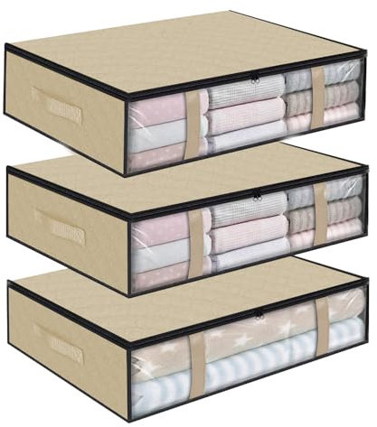 40L Underbed Storage Bags - Foldable Containers With Reinforced Handles and Zippers for Blankets, Comforters, Bedding 3-Pack (Beige)