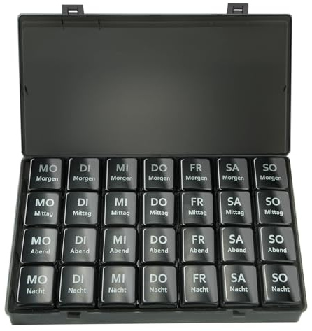 OBSGUMU Tablettenbox 7 Tage Morgens Mittags Abends, Feuchtigkeitsbeständig Medikamentenbox, Tragbar Tablettendose 4 Fächer Eignen für Kinder, Ältere Menschen(Schwarz)
