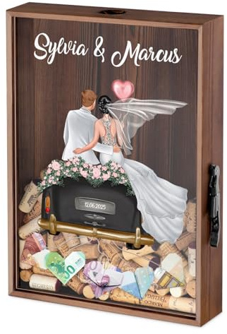 Personalisiertes Geldgeschenk Hochzeit - DIY Hochzeitsgeschenke für Brautpaar - Holz Korkensammler für Paar mit Platz für Geldscheine - Hochzeitsgeschenk Geld - Größe: 44,7x32x8cm - Maverton