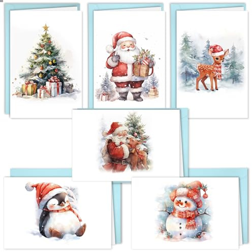 Cartoline di Natale, Set di 12 biglietti di Natale con busta, 12 carta pieghevole + 12 buste, acquerello Natale Carta, biglietti di Natale, per vacanze, Capodanno, auguri di Natale