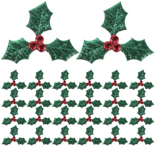 TOVINANNA 100 parches de apliques de Navidad, parches bordados de hojas de acebo, adornos de bayas para decoraciones de bricolaje, suministros de costura de vacaciones