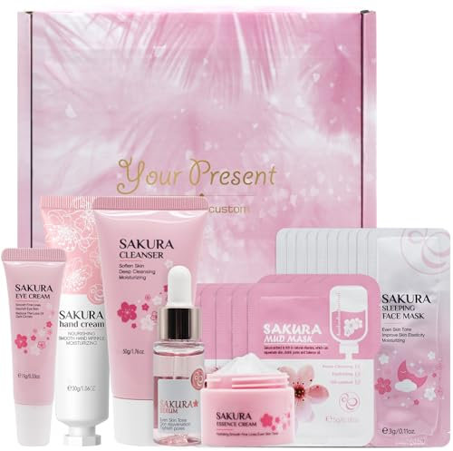 HASAIKA® Set Regalo Per La Cura Della Pelle, Kit per la Cura Della Pelle, Cura Della Pelle Sakura Kit, per la Cura del Viso con Estratto di Fiori di Ciliegio, 20 pezzi