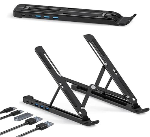 Adjustable Aluminum Laptop Stand with 5in1 Hub Docking Station，Portable USB C Docking Station with 5Gbps 【USB3.0*3+USB C*2】Laptop Holder stand for MacBook Pro/Air/Dell/HP/Surface/Lenovo HC