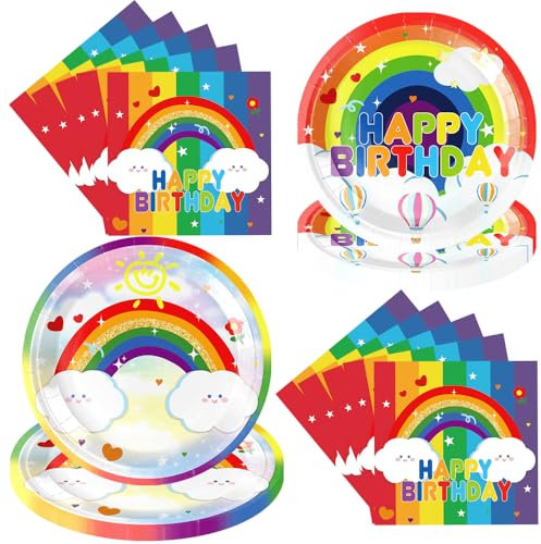 Lot de 60 assiettes et serviettes de table sur le thème de l'arc-en-ciel pour fête d'anniversaire d'enfants, fête prénatale, décorations de fête pour 20 invités (blanc)
