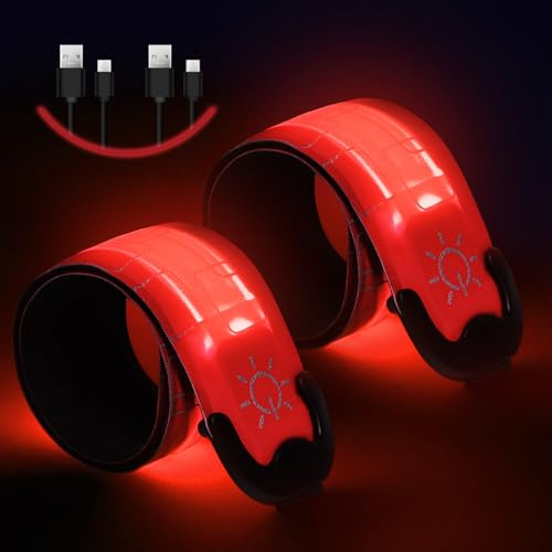 Flintronic LED-armband, uppgraderat, reflekterande, USB-laddbart, säkerhetsljus, LED, Slap Safety-armband, unisex, för nattlöpning, cykling och joggning, rött