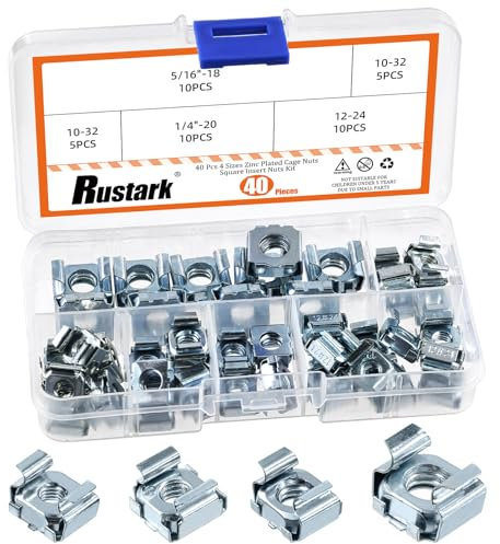 Rustark 40Pcs 4 Sizes Silver Carbon Steel Cage Nut SAE Zinc Snap-in Cage Nuts Square Rack Mount Clip Nuts Captive Nut Rack Nuts for Server Shelve Cabinet