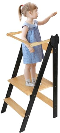 Torre Montessoriana di Apprendimento Pieghevole Multiuso Learning Tower in Legno Naturale di Betulla per Bambini 1-6 Anni-87 * 42 * 38,5 cm-88 * 45 * 45 cm-caffè nero