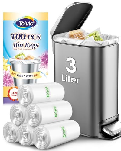 Teivio Sacchetti per la spazzatura piccoli da 3 litri, 100 sacchetti per la spazzatura a pedale, in plastica spessa, per bagno, cucina, ufficio, adatti per mini bidoni della spazzatura da 0,8-1 litri