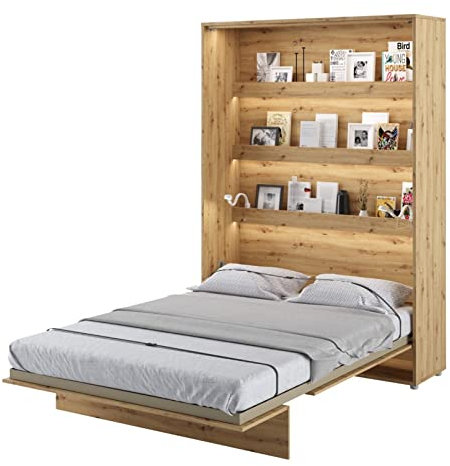 Vertikales Wandbett mit klappbarer Funktionalität Kompakte multifunktionale und stilvolle praktische Regale inklusive effiziente Bettlösung 140 x 200 cm Artisan Oak Finish
