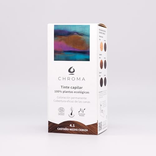 Tinte Vegetal Ecológico Chroma 4.1 Castaño Medio Ceniza, Coloración Permanente, Cobertura Total de Canas, 100% Plantas Naturales, Sin Amoníaco ni PPD