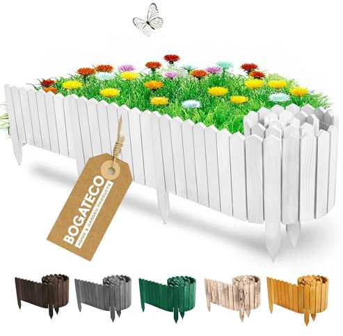 BOGATECO Recinzione per aiuole in legno, 30 cm di altezza e 200 cm di lunghezza, recinzione in legno, perfetta come bordo per aiuole o percorsi, colore bianco