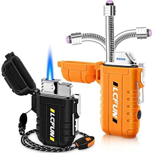 2 Pack Waterproof Lighters, Windproof Torch Lighter Butane Refillable, Electric Dual Arc Plasma Lighter with Flashlight and Whistle, Tactical Survival Gear Gadgets for Men - Black & Orange
