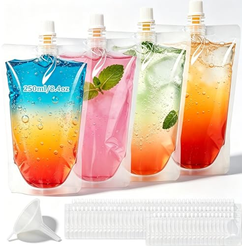 100 bolsas de líquido con embudo de 250 ml, bolsas transparentes para bebidas, a prueba de fugas, bolsas de bebidas multiusos, bolsas de leche portátiles para fiestas, deportes, picnic, viajes