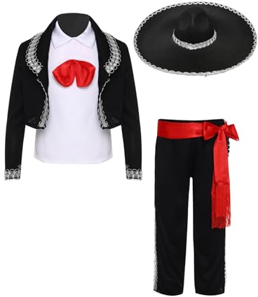 Kvysinly Déguisement Mariachi Traditionnel Enfant Garçon 5 Pièces Ensemble Mexicain Gilet Veste Pantalon Ceinture et Chapeau Noir 13-14 ans