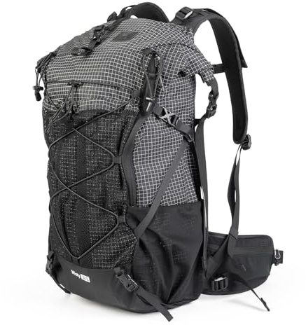Qunature Vandringsryggsäck 35 l, vattentät, utbyggbar med rulltopp, ultralätt utomhusryggsäck, vandringsryggsäckar med höftbälte och dricksystemöppning för vandring, camping, cykling, svart, 35L
