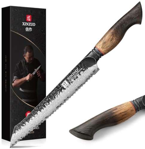 XINZUO Bread Knife For Homemade，Serrated Bread Knife 8.5 Inch Damascus Steel Sharp Slicer Less Crumbs For Bagels, Sourdough, And Soft Produce With Wood Handle