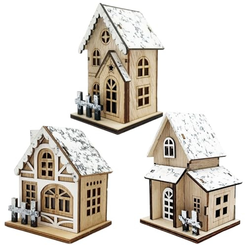 Gcroet 3PCS/Set Christmas Village Houses Light Up Wood Snow Roof Christmas Village for Xmas Table Centerpieces Holiday Home Decor