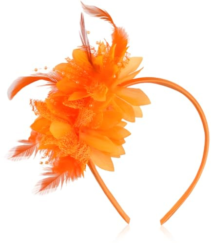 YAZWUR 1 Stück Orange Feder Haarreif mit Künstlichen Blumen, Blumen Kostüm Orange Accessoire, 20er Jahre Stirnband Feder Haarreif für Karneval Hochzeit Tee-Party Accessoires