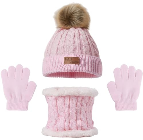 Set de Bufanda Gorro y Guantes, Conjunto de Bufanda Sombrero y Gorro Niño Invierno, Gorros con Pompon Lana NiñoBraga Cuello Polar y guantes de punto cálidos para niño 2-6 Años