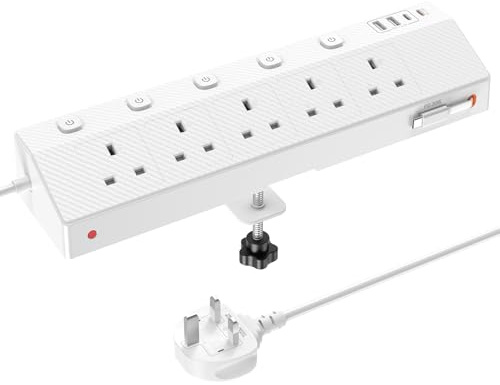 Desk Extension Lead 3M, STGAROT PD 30W Power Strip with Retractable USB C Cable, 5 Way Power Socket with 3 USB C Port, 2 USB A Port, Desktop Plug Socket with Removable Clamp for Office Accessories