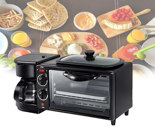 4-in-1 Breakfast Station with Mini Oven, Coffee Brewer, Non-stick Griddle and Toaster Combo, Multifunction Appliance for Compact Kitchens, Dorm Rooms