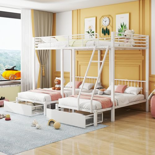 NADEUSAK Litera con estructura metálica blanca 140 x 200 cm con cajones, convertible en cama de matrimonio y dos camas individuales de 90 x 200 cm, cama multifuncional de metal (sin colchón)
