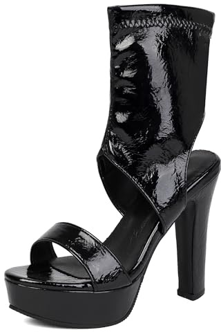 LarDorLin Donna Eleganti Punta Aperta Tacco Alto Plateau Sandals Vernice Serata Dancing Tacco a Blocco Slingback Scarpe da Sera Nero Numero 32 EU