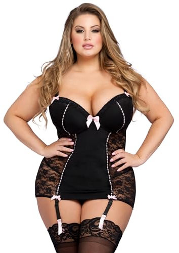 Lovehoney Womens Lingerie Black Seduce Me Lace Push Up Chemise Set - With Underwired Cups, G String & Suspenders - Plus Size: 18-20