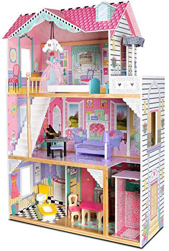 Leomark exclusive Apartamento, villa casa delle bambole del legno a 3 piani, con arredamento e accessori, casetta bambole con rosa ascensore, dimensioni: 85,5 x 33 x 121 cm (LxPxA)