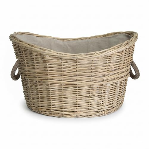 Wickerfield Wicker Log Basket for Wood Burner Indoor, Large Wicker Storage Basket with Rope Handle & Lining, Wood & Kindling Storage Baskets for Logs (Oval, Antique Wash)