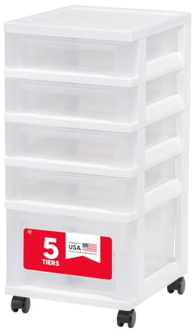IRIS USA Craft Plastic Organizers and Storage, Rolling Storage Cart for Classroom Supplies, Storage Organizer for Art Supplies, Drawer Top Organizer for Small Parts, 5 Drawers, White/Clear
