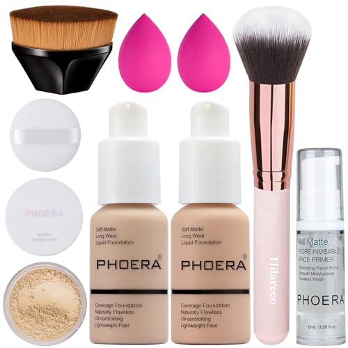 PHOERA Foundation,PHOERA Primer, PHOERA Puder,Concealer Cover Flüssigmatt Full Coverage, Make Up Foundation Pinsel and Puder Pinsel, Make up Schwamm Set (102 Nude +103 Warm Peach)