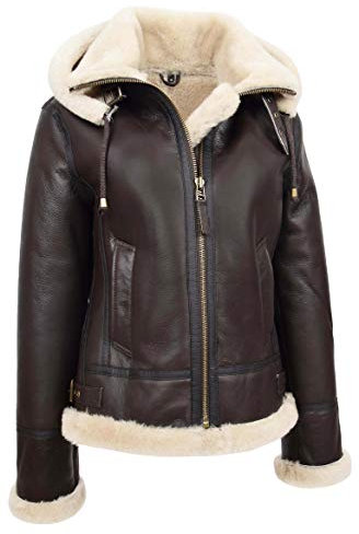 A1 FASHION GOODS Damen Echt Braun Schaffell Fliegende Jacke Mit Kapuze Shearling B3 Pilot Fliegermantel Maria (46)