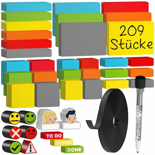 ATWAM 209 Magnetstreifen Beschreibbar Set - Verschiedene Größen - 6 Farben | Scrum & Kanban - Beschreibbare Magnete - Für Whiteboard, Magnettafel, Magnetwand & Kühlschrank