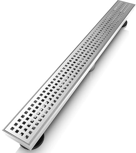 WEBANG 24 Inch Linear Shower Drain Rectangular Floor Drain with Accessories Square Hole Pattern Cover Grate Removable SUS304 Stainless Steel CUPC Certified Brushed