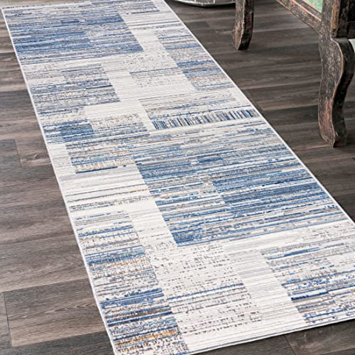 Mazovia Teppich Läufer Flur - Modern Teppichläufer – Kurzflor, Weich - für Vorzimmer Eingangsbereich Schlafzimmer Küche Korridor - Abstrakt Muster - 60 cm Breite Grau Blau 1 60 x 1050 cm