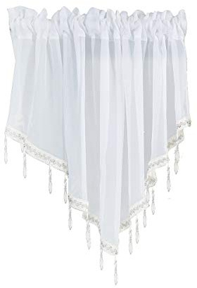 Devola Scheibengardine Volant Transparent Modern BxH 130x60cm Weiß 1 Stück | Gardine Dreieckiger Querbehang, Kurzvorhang mit Kristallperlen, Panneaux Gardinen Kurz, Dekorationsvolant für Küchenfenster