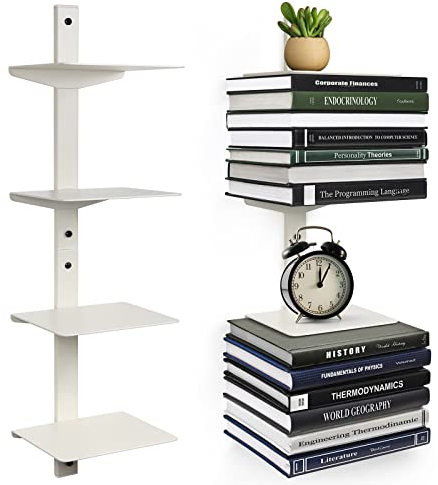 ART-GIFTREE Libreria sospesa invisibile per montaggio a parete, Mensole Libri da Parete, 4 ripiani, colonna vertebrale verticale, confezione da 2, bianco