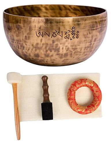 Tibetische Schale Aus 7 Metallen | Tibetische Klangschale In Nepalesischer Pappschachtel Mit Schlägel Und Kissen | Wunderschöner Klang Für Meditation Und Entspannung | Handgefertigt In Nepal, 14cm