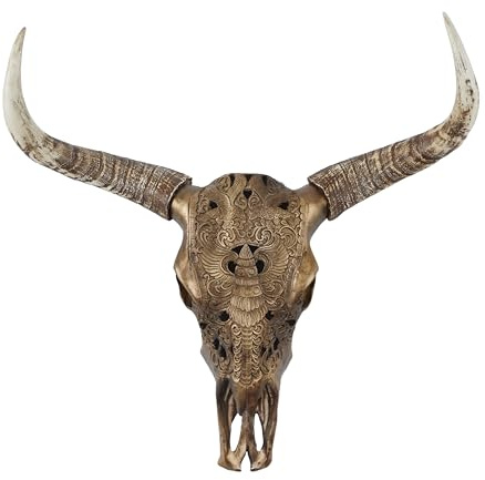 Deco 79 Polystone Cow Home Wall Decor Carved Skull Wall Sculpture, Wall Art 28 x 7 x 30, Bronze