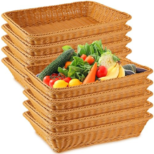 Tioncy 10 Pcs Poly Wicker Bread Basket 17.72 x 13.78 x 3.15 Woven Bread Imitation Rattan Fruit Basket Tray Stackable Rectangular Food Baskets for Serving Display Storage Kitchen Restaurant Vegetable