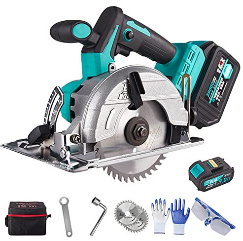 Cordless Electric Circular Saw, 9500PPM 7 Inch Wood Cutter, With 9.0Ah Battery (4 Hours Battery Life) + 125MM Saw Blade*2, For Cutting PC Pipe/Tile/Stone/Glass/Metal, 45° Adjustab