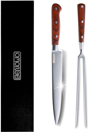 Benowo Carving Knife Set 2-Piece, 8-inch Turkey Carving Knife and Fork Set Stainless Steel Kitchen Knife for Steak, Hibachi Knife and Fork, BBQ Carving Fork with Gift Box – Designed in USA