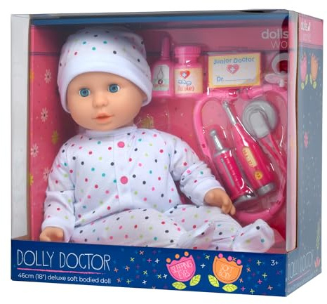 DOLLSWORLD från Peterkin, Dolly Doctor docka, 46 cm, mjuk docka med vinyllemmar, sovögon, lyxig outfit, medicinskt rollspelstillbehör och nappar, dockor och tillbehör, från 3 år