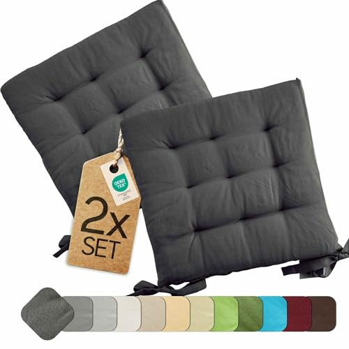 etérea Basic Sitzkissen 40x40 cm 2er Set mit Bändern Anthrazit | Mit Bändern · Fest gepolstert · Indoor & Outdoor · 30°C waschbar · 55% Baumwolle, 45% Polyester · OEKO-TEX Made in Green