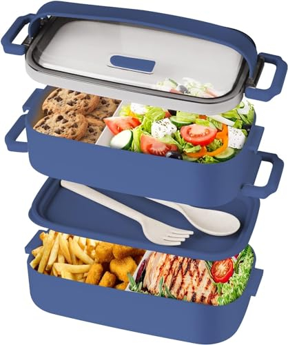 Beeptrum Bento Box Lunch for Adult, Stackable with 2 Compartment, Include Utensil Set, Leak-Proof Container, Safe Microwave and Dishwasher, BPA-Free 1600ML Deep Blue