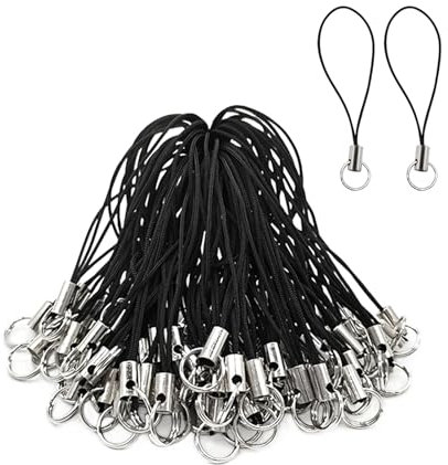 Medsuo 100pcs Replacement Straps with Split Ring, Cell Phone Charm Straps, Phone Charm Lanyard Split Ring Strap Lariat for Hanging DIY Phone Charms, USB Flash Drive Keychain (Black), Aluminum, No