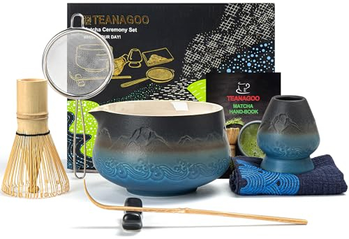 TEANAGOO Matcha Kit (7 pièces) Kit Mtacha Bol de Matcha avec bec verseur Fouet à Matcha en Bambou (chasen) Scoop (chashaku) Support de Fouet à Matcha.N33,Gradient Navy Black